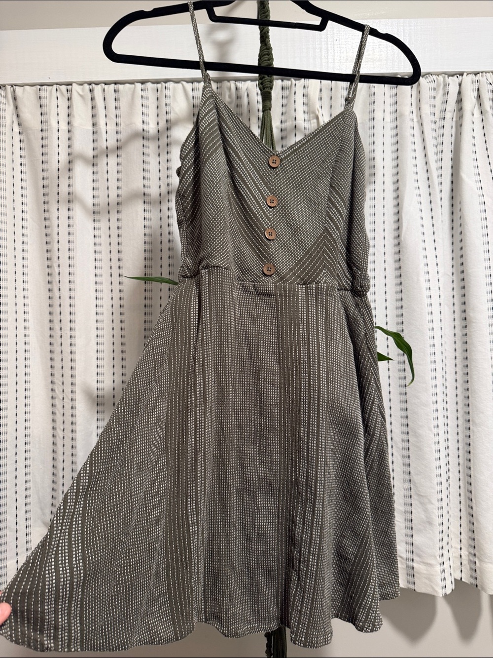 Spaghetti-Strap Mini Dress with Button Front in Taupe